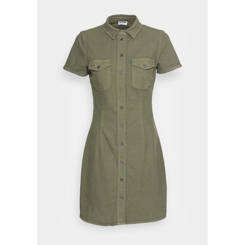 NOISY MAY Olive Green Utility Denim Mini Shirt Dress Button XXS NWT